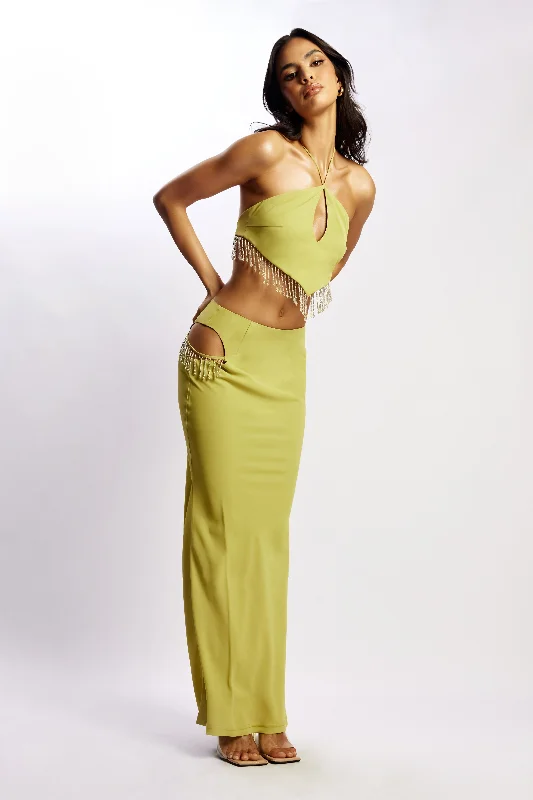 Jayleen Maxi Skirt With Fringe - Chartreuse