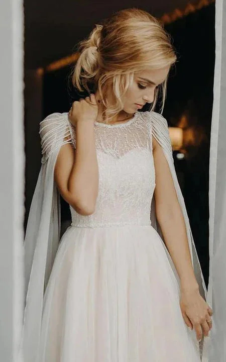 Lace Scoop-neck Beaded Cap Empire Chiffon Country Wedding Dress