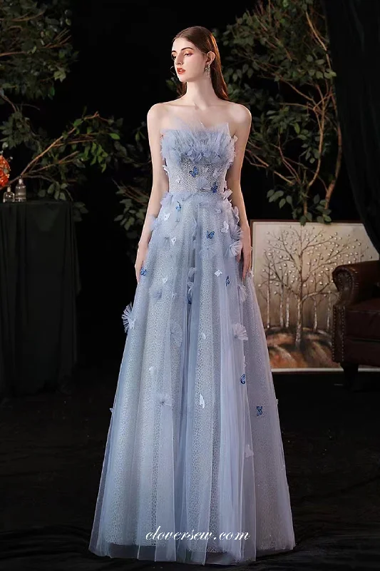 Light Blue Butterfly Applique Glitter Tulle Strapless Prom Dresses With hood Cloak, CP0978