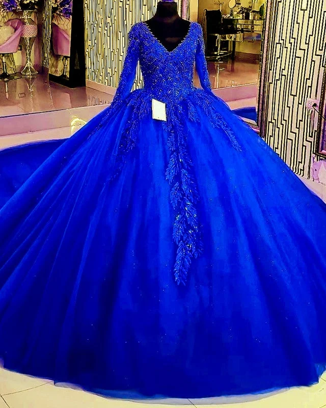 Long Sleeve Quinceanera Dresses V Neck Ball Gown