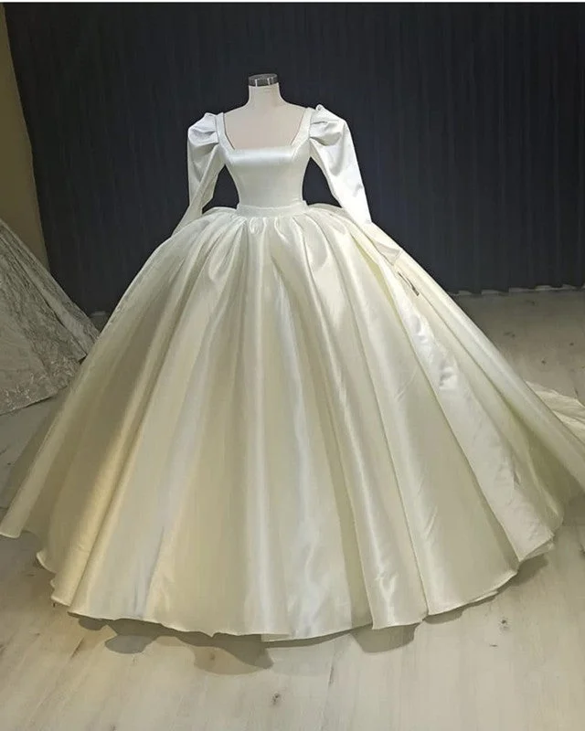 Long Sleeves Satin Wedding Dresses Ball Gown