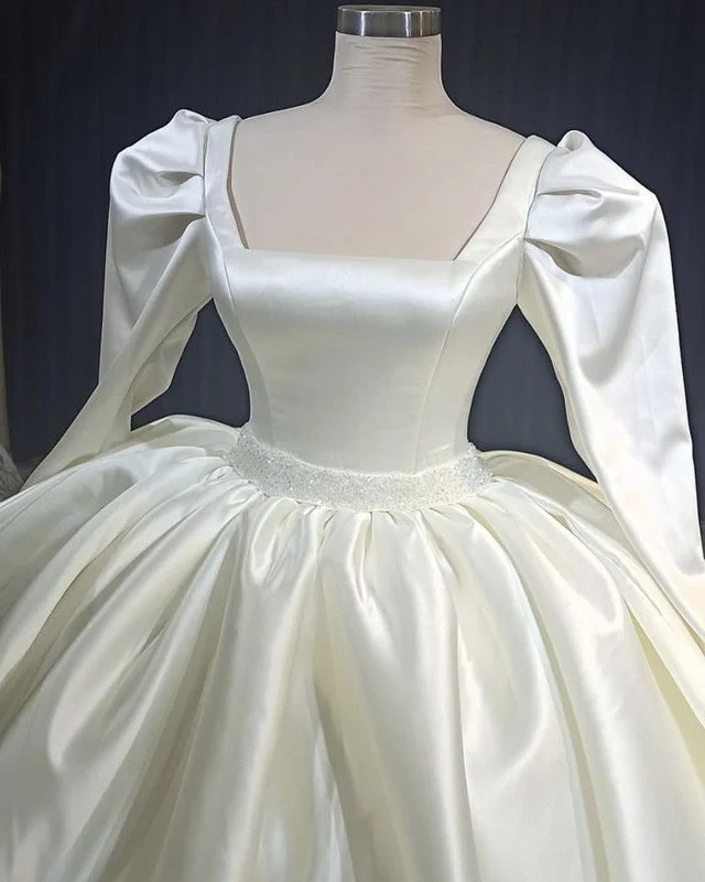 Long Sleeves Satin Wedding Dresses Ball Gown