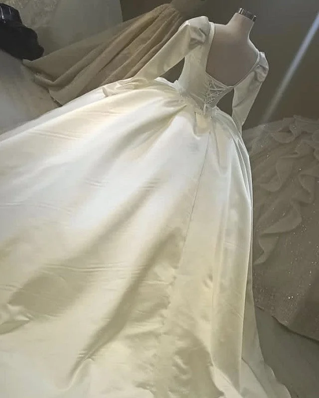 Long Sleeves Satin Wedding Dresses Ball Gown