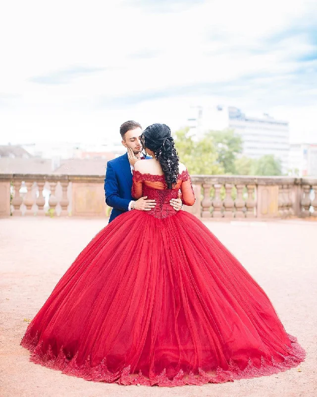 Maroon Tulle Long Sleeves Lace Wedding Dresses Ball Gowns