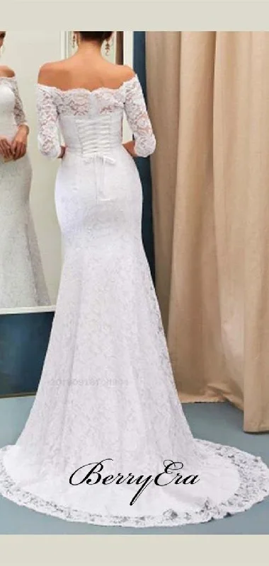 Mid Sleeves Lace Fancy Wedding Dresses, Mermaid Off Shoulder Lace Wedding Dresses