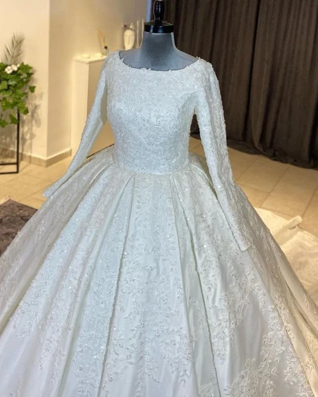 Modest Applique Satin Wedding Dress Long Sleeve