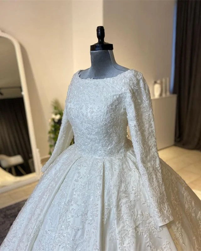 Modest Applique Satin Wedding Dress Long Sleeve