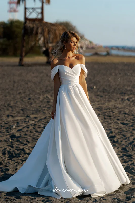 Off The Shoulder White Satin Pleating  Top A-line Wedding Dresses, CW0330