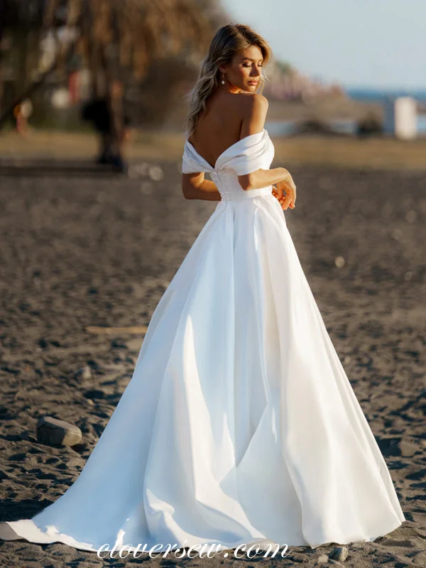 Off The Shoulder White Satin Pleating  Top A-line Wedding Dresses, CW0330