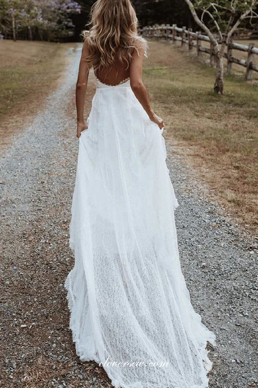 Off White Bohemian Lace Backless Deep V-neck With High Slit Wedding Dresses, CW0343