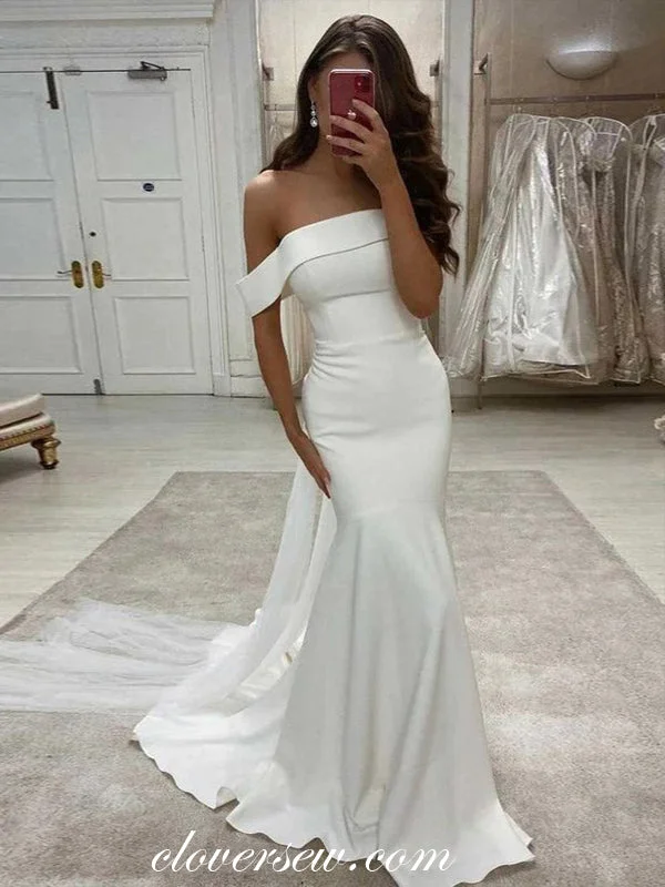 Off White Satin Simple Off The Shoulder Mermaid With Bowknot Train Wedding Dresses, CW0335