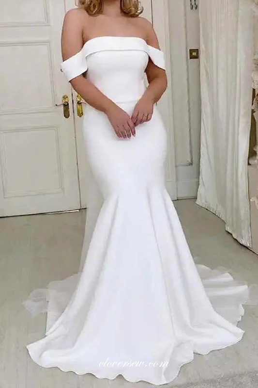 Off White Satin Simple Off The Shoulder Mermaid With Bowknot Train Wedding Dresses, CW0335