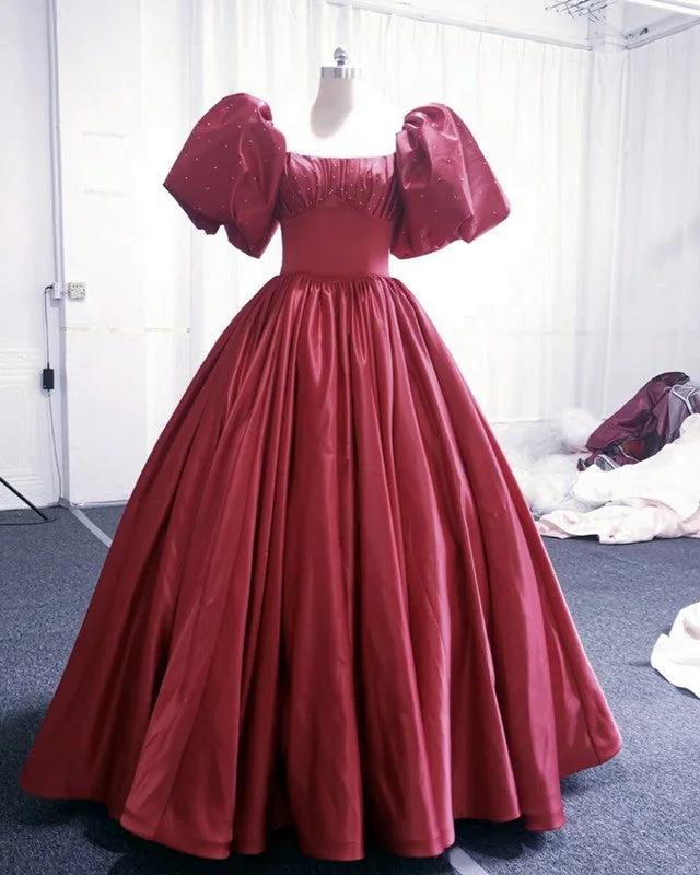 Puffy Sleeves Ball Gown Satin Dresses