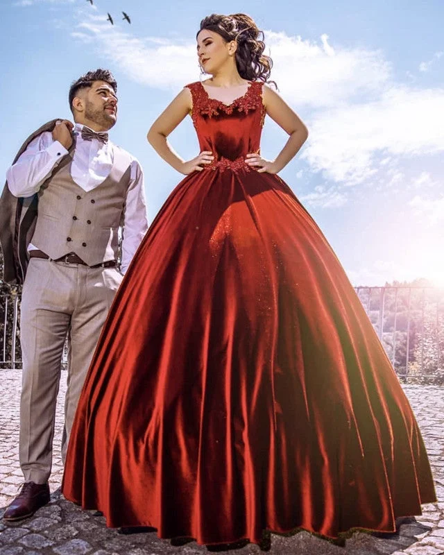 Rust Wedding Dress Velvet Ball Gown Appliques