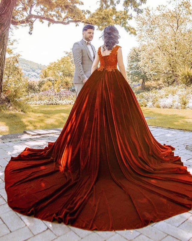 Rust Wedding Dress Velvet Ball Gown Appliques