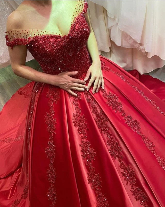 Satin Appliques Ball Gown Dresses Beaded Off The Shoulder