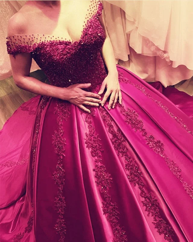 Satin Appliques Ball Gown Dresses Beaded Off The Shoulder