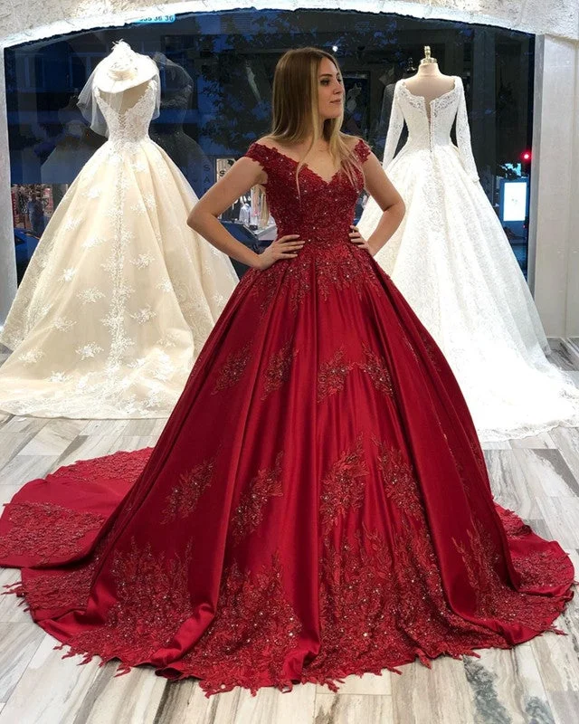 Satin Ball Gown Appliques Beaded Off The Shoulder