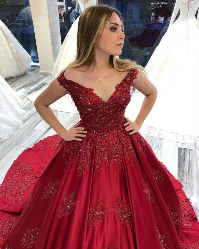 Satin Ball Gown Appliques Beaded Off The Shoulder