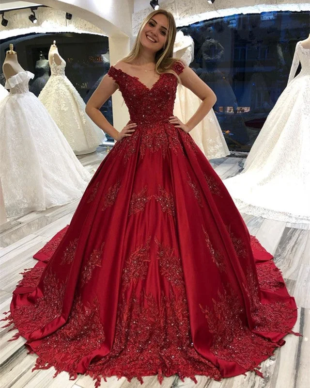 Satin Ball Gown Appliques Beaded Off The Shoulder