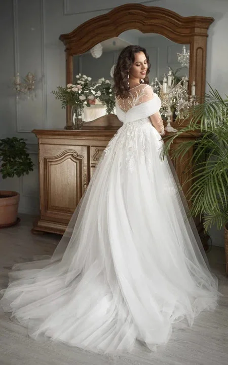 Sexy Curvy Tulle Slit Front A-line Illusion Lace Long Sleeve Wedding Dress