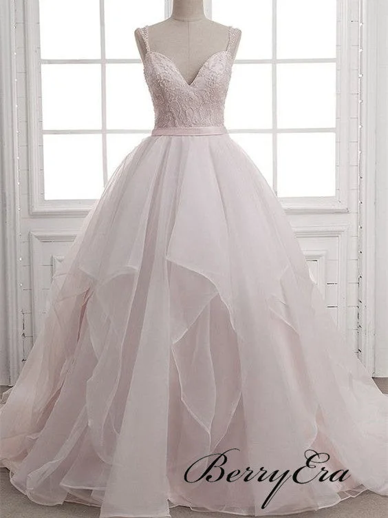 Spaghetti A-line Tulle Lace Wedding Dresses, Elegant Wedding Dresses, Bridal Gown