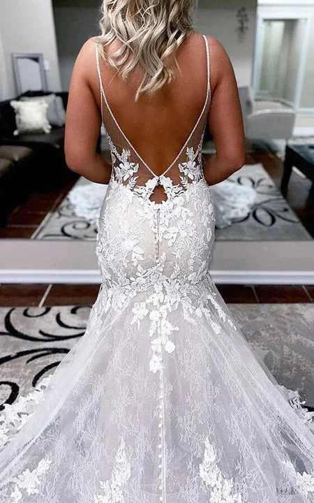 Spaghetti Mermaid Tulle Lace Applique Low-v Back Wedding Dress with Chapel Train