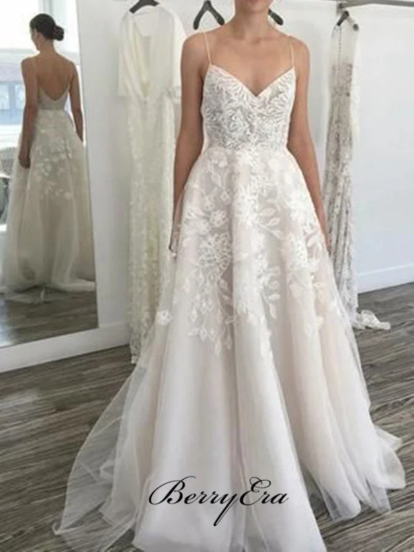 Spaghetti Straps A-line Wedding Dresses, Popular Lace Wedding Dresses