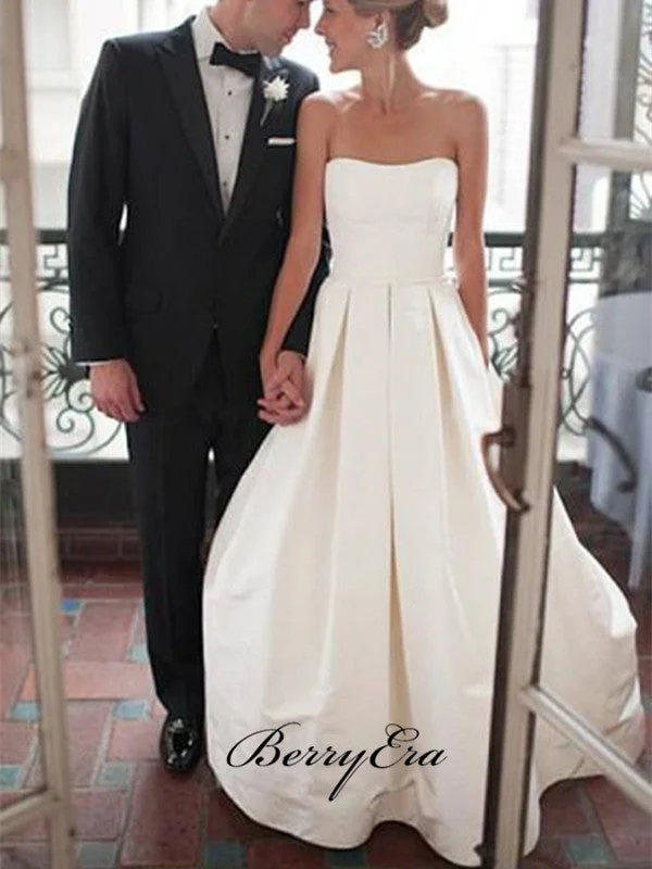 Strapless A-line Satin Wedding Dresses, Ivory Bridal Wedding Dresses