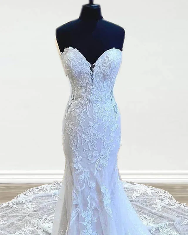 Strapless Mermaid Wedding Dress Lace Applique