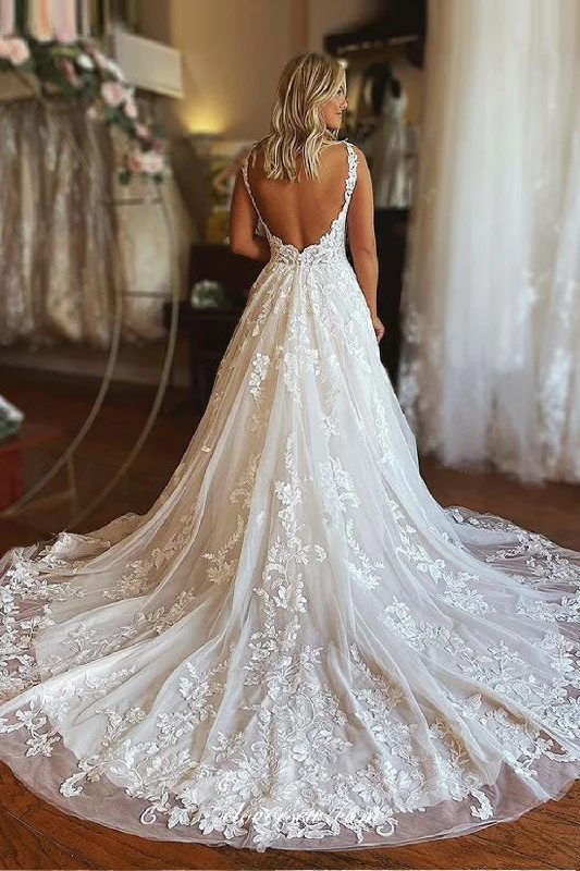 Stunning Lace Applique Sleeveless Backless Country Wedding Dresses, CW0341