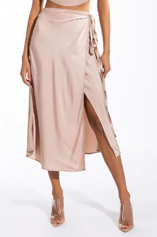 TO THE CHATEAU HIGH SLIT SATIN MIDI SKIRT