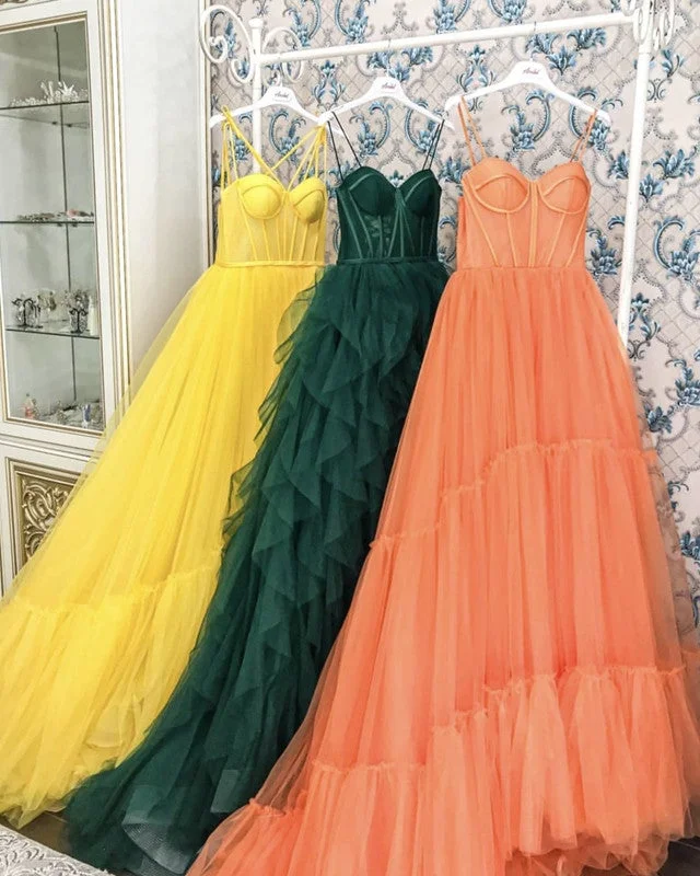 Tulle Ruffles Ball Gown Prom Dresses Criss Cross Neck