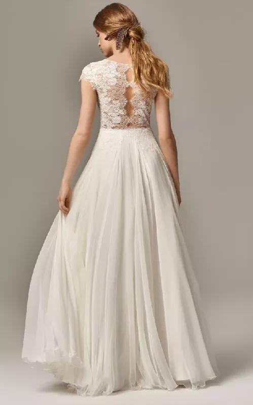 Vintage Ivory Cap-sleeve Sheath Chiffon Wedding Dress with Lace Top