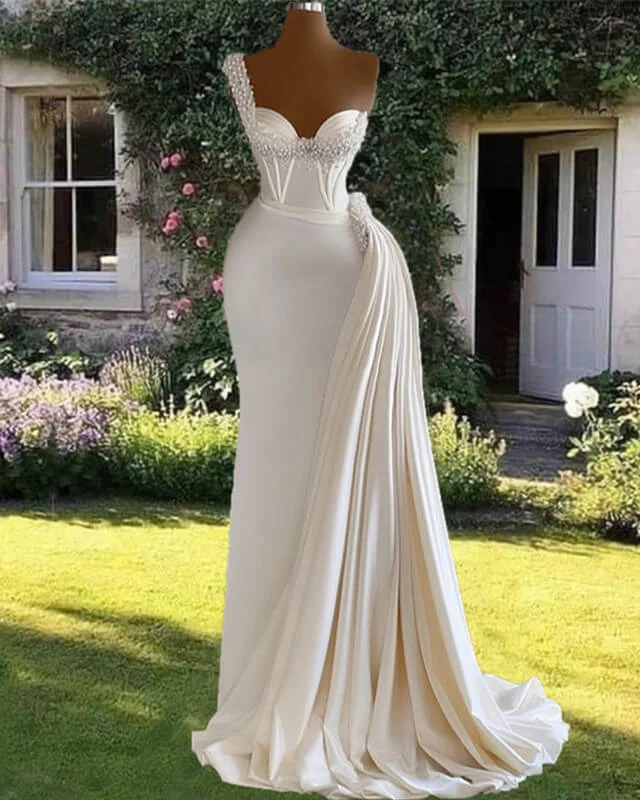 Mermaid Pearl Beaded One Shoulder Satin Wedding Dress