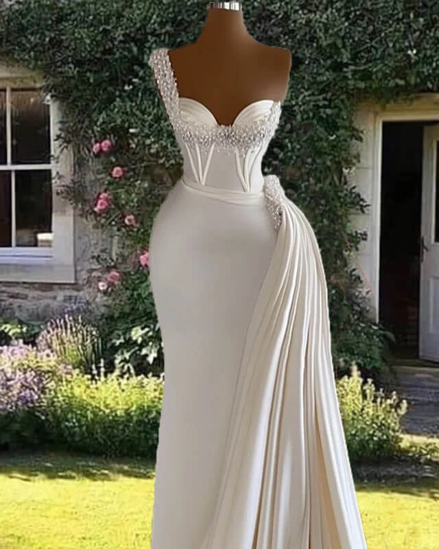 Mermaid Pearl Beaded One Shoulder Satin Wedding Dress