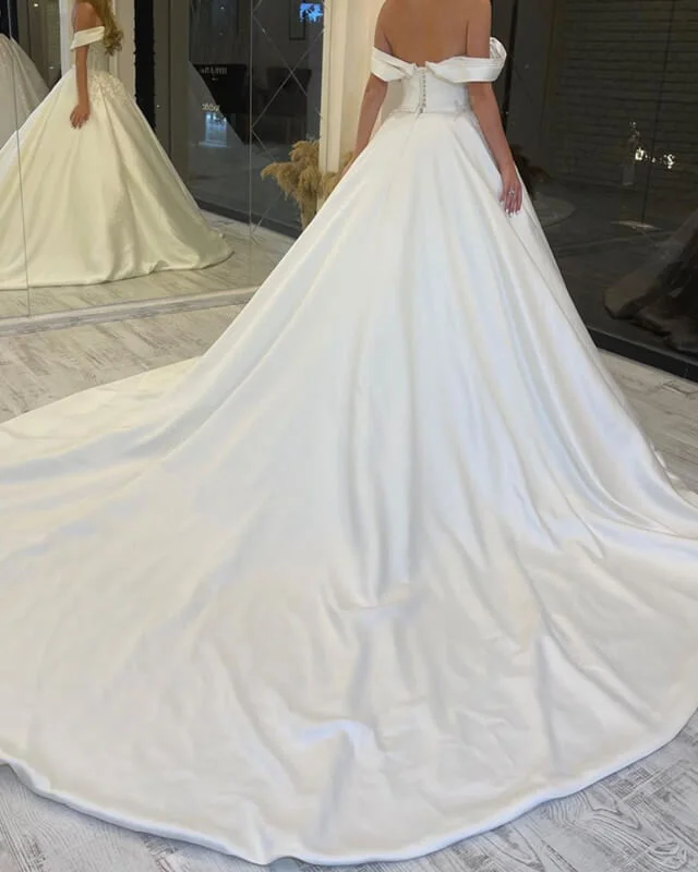 Princess Off Shoulder Appliques Ruched Satin Wedding Dress