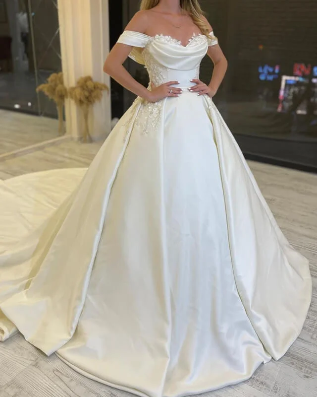 Princess Off Shoulder Appliques Ruched Satin Wedding Dress