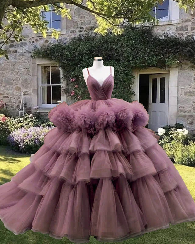 Mauve Pink Tiered Tulle Ball Gown Dress