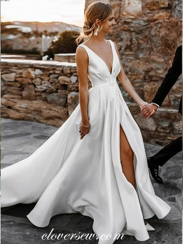 White Satin V-neck Sleeveless A-line With Slit Wedding Dresses, CW0332