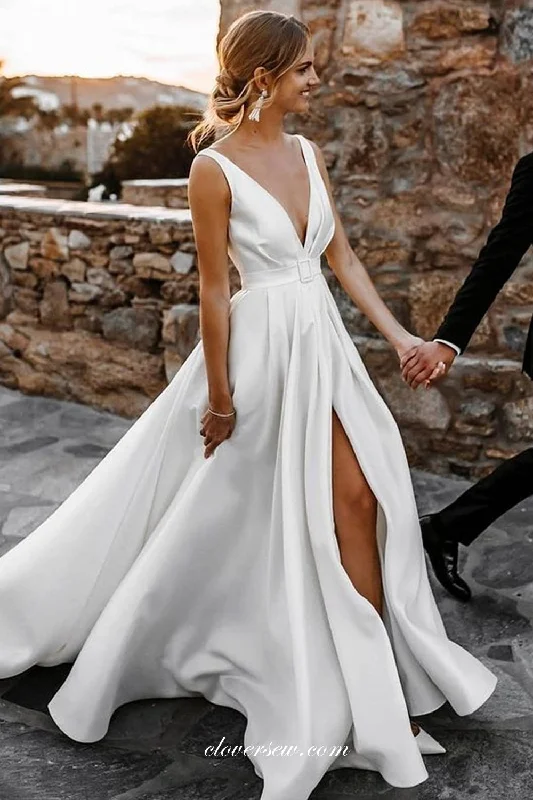 White Satin V-neck Sleeveless A-line With Slit Wedding Dresses, CW0332