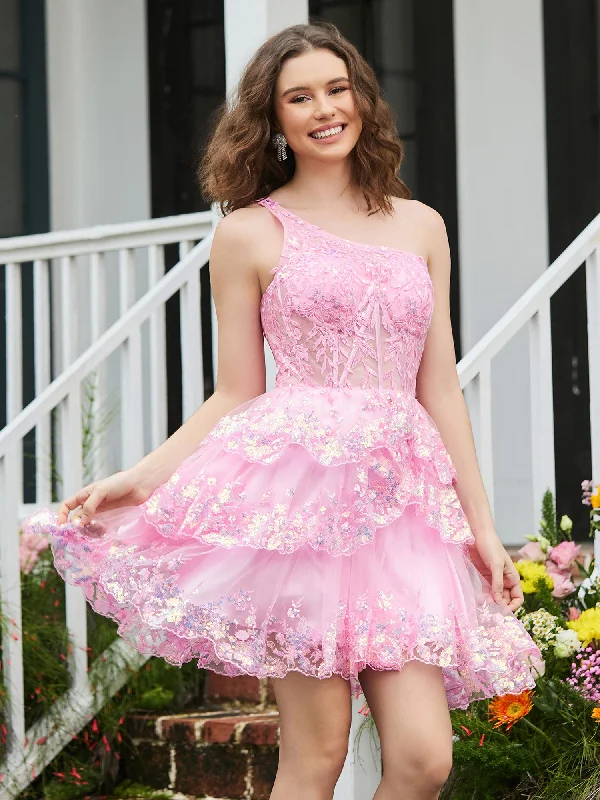 A-line One Shoulder Tiered Tulle Mini Homecoming Dress Blushing Pink