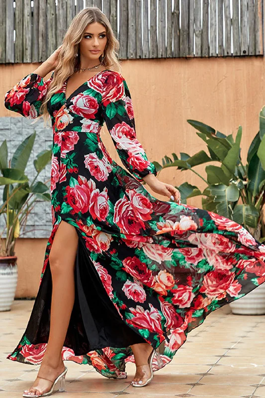 Black Red Flower A-Line V Neck Formal Dress With High Slit