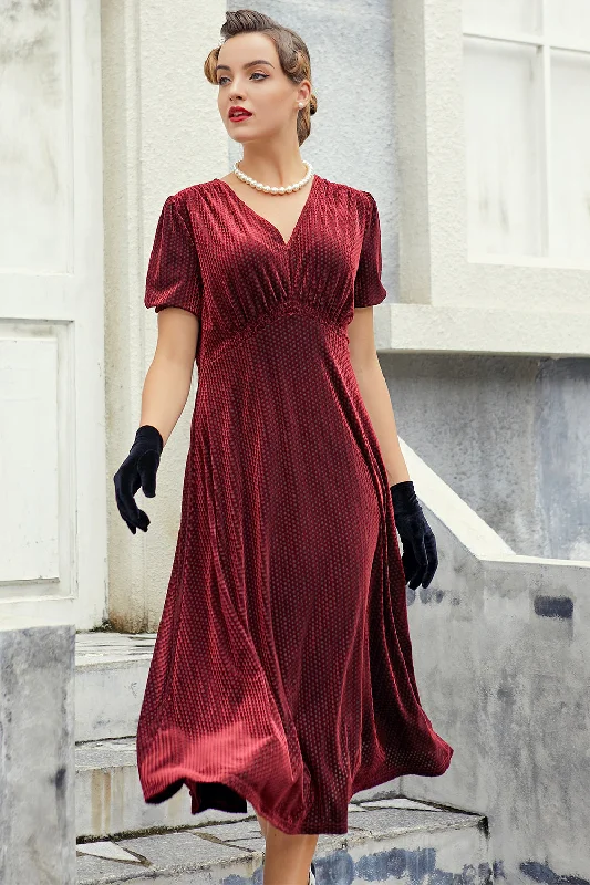 Burgundy Velvet Midi Party Dress