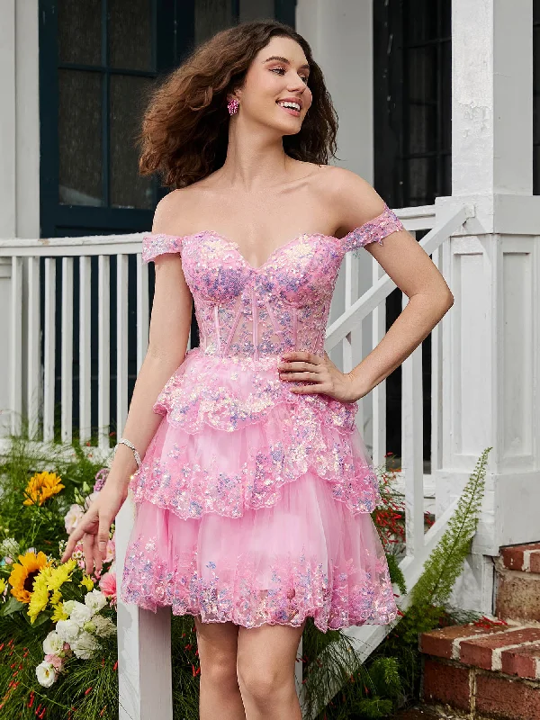 Sweetheart Sequins Tiered Tulle A-line Mini Dress Blushing Pink