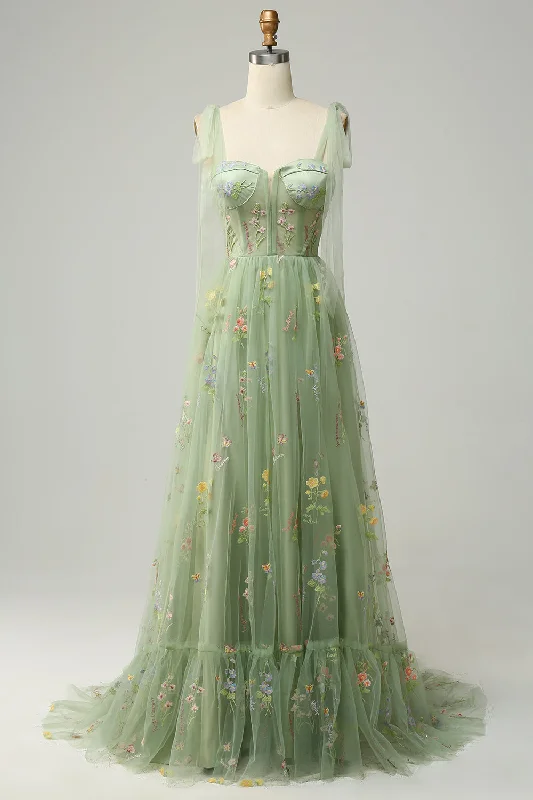 Massive Price Cuts!A-Line Spaghetti Straps Green Long Prom Dress with Embroidery