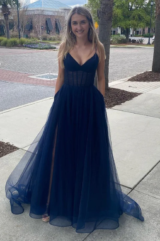 Buy More, Save More!A Line Spaghetti Straps Navy Long Prom Dress
