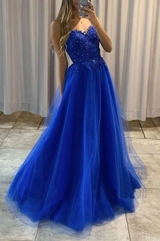 Get It Before It’s Gone!A-Line Spaghetti Straps Royal Blue Long Prom Dress with Beading