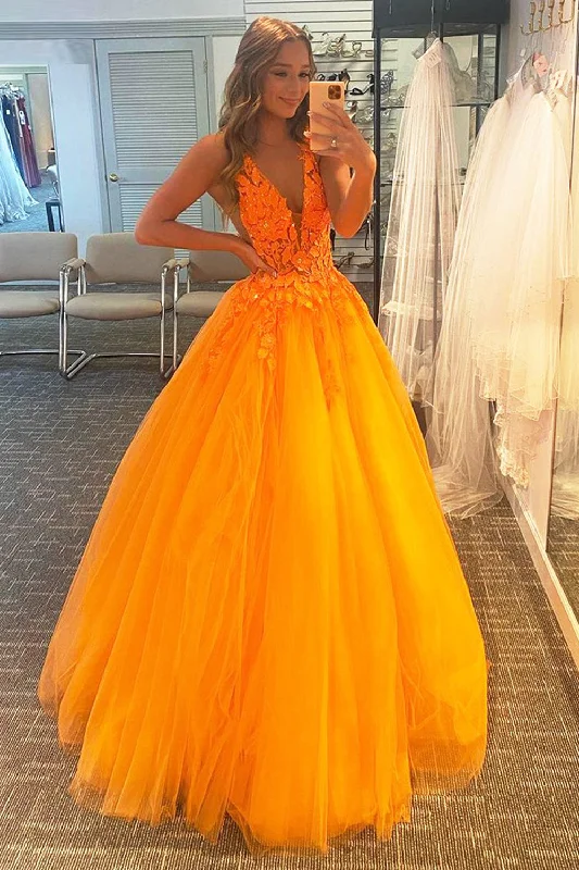 Hottest Discounts of the Year!A Line V Neck Orange Prom Dress with Appliques