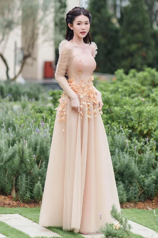 Your Favorite Items on Sale Now!Avery Fit and Flare Pleated Sleeved Mesh Floor Length Dress